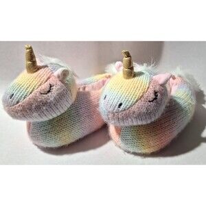 Wonder Nation Pastel Rainbow Toddler Girls Unicorn Slippers Size 9-10 Gold Horn